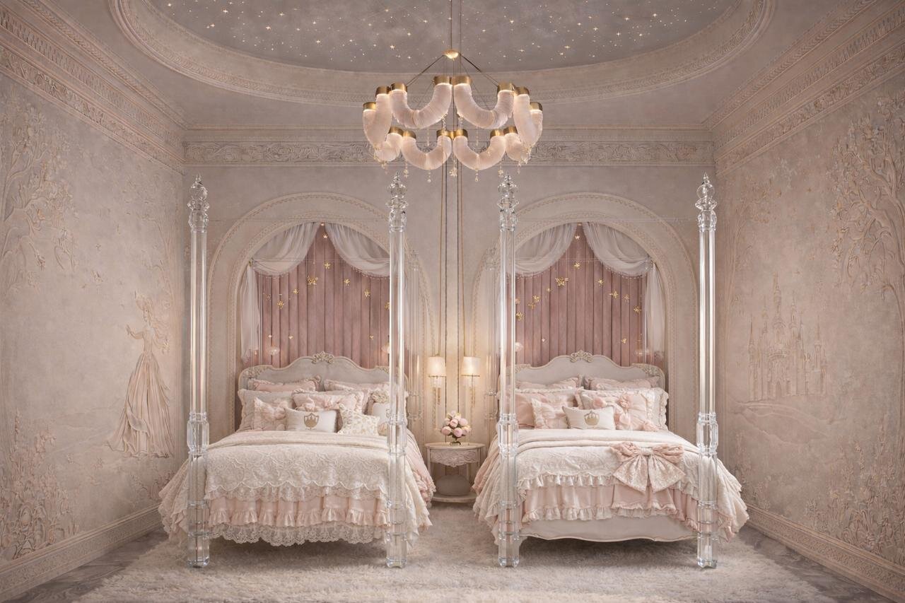 Kids' room with jungle mural wallpaper and twin monogrammed beds