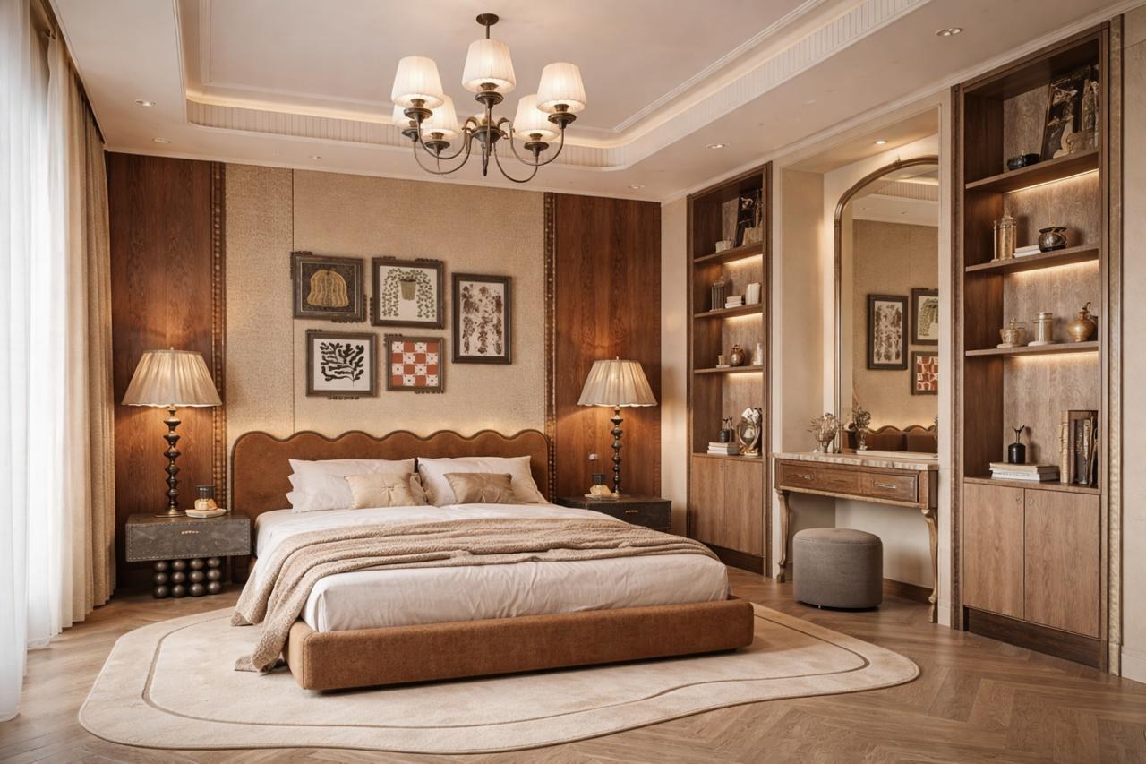 Warm walnut bedroom with gallery wall art and upholstered headboard