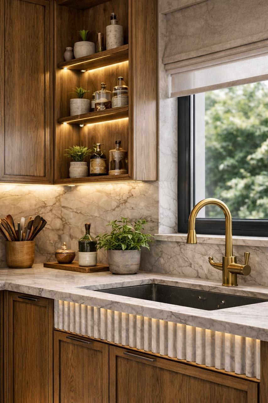 Kitchen sink detail with brass faucet, marble backsplash and lit shelving