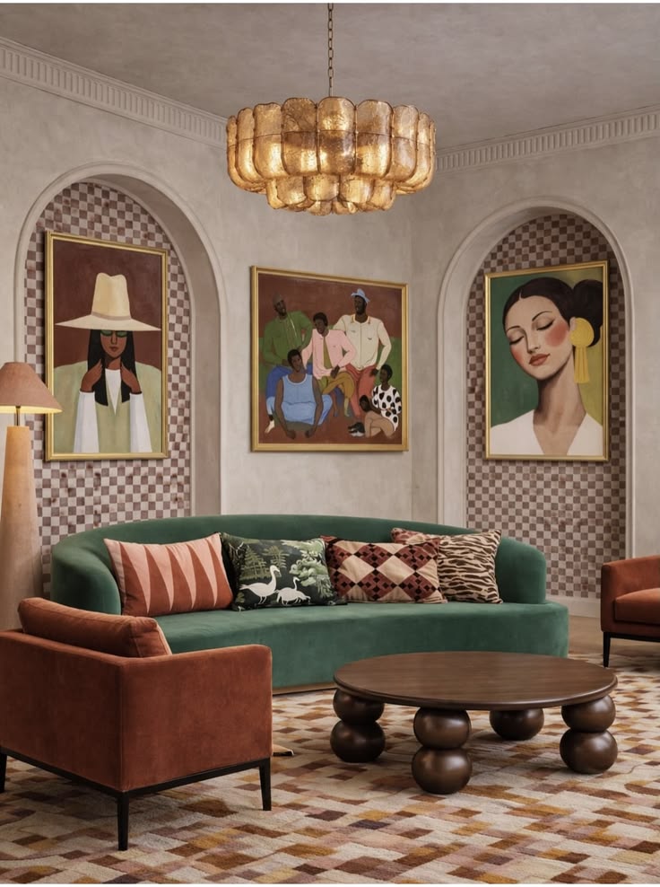Eclectic living room with curated gallery-wall art