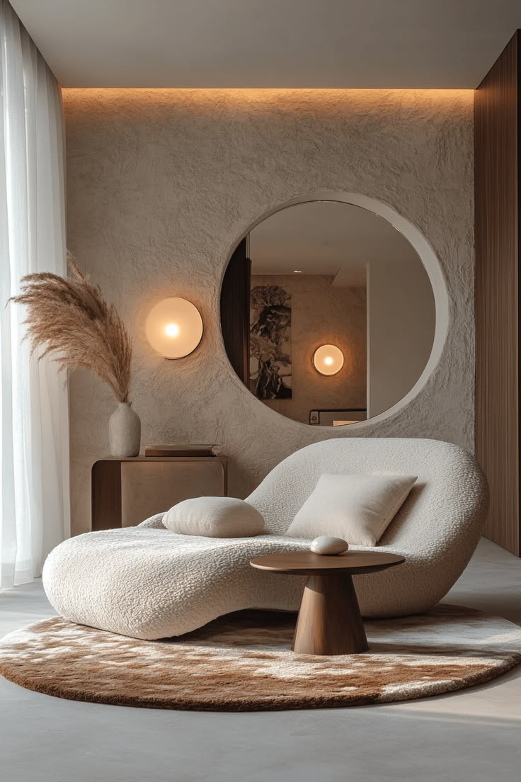 Bouclé chaise lounge with warm ambient lighting